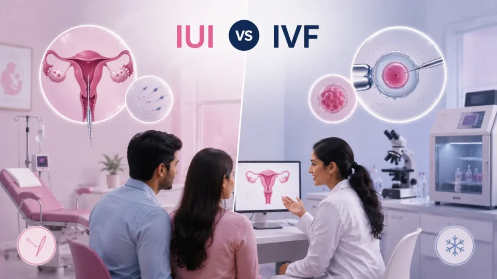 Comparison of IVF and IUI fertility treatments showing an Indian fertility specialist consulting a couple with medical illustrations of intrauterine insemination (IUI) and in vitro fertilisation (IVF), highlighting the differences in procedure, laboratory fertilisation, and treatment approach.