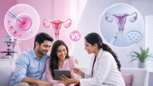 Indian fertility specialist explaining the differences between IVF and IUI treatment to a couple, with medical illustrations of embryo fertilisation and intrauterine insemination, representing fertility treatment options at Javitri Hospital.