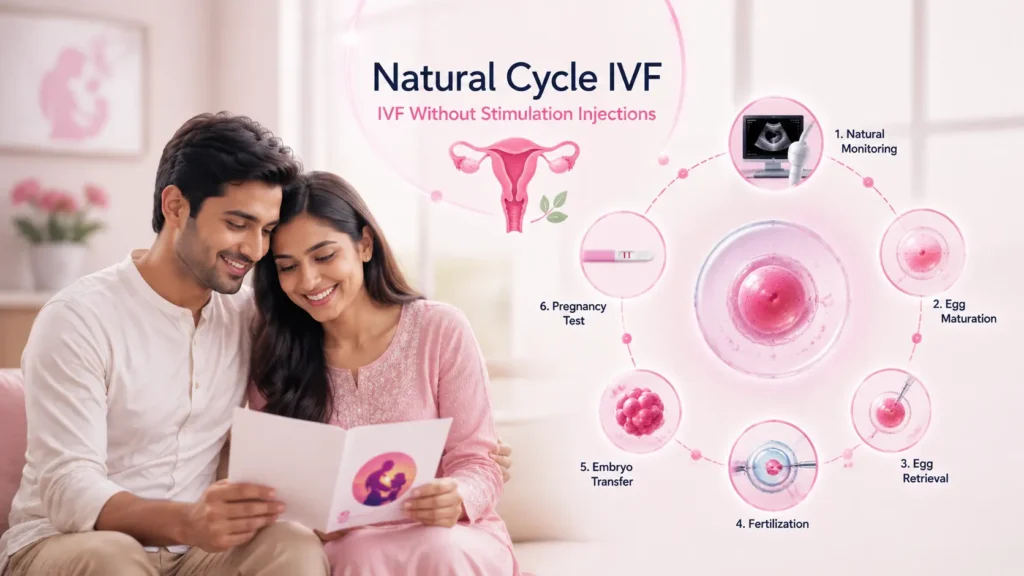 Indian couple consulting a fertility specialist about Natural Cycle IVF, illustrating IVF without ovarian stimulation injections using a woman's natural menstrual cycle for egg retrieval at Javitri Hospital.