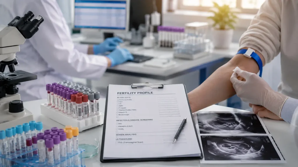 Fertility testing before IVF including blood tests, hormone profile, AMH testing, semen analysis and ultrasound evaluation at Javitri Hospital.