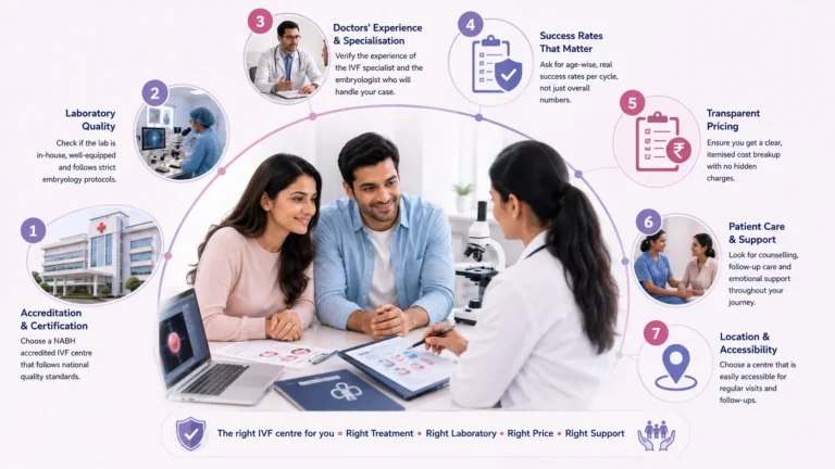 Choosing an IVF centre in Lucknow by checking accreditation, IVF laboratory quality, fertility specialist experience, success rates, transparent pricing, patient support and clinic accessibility.
