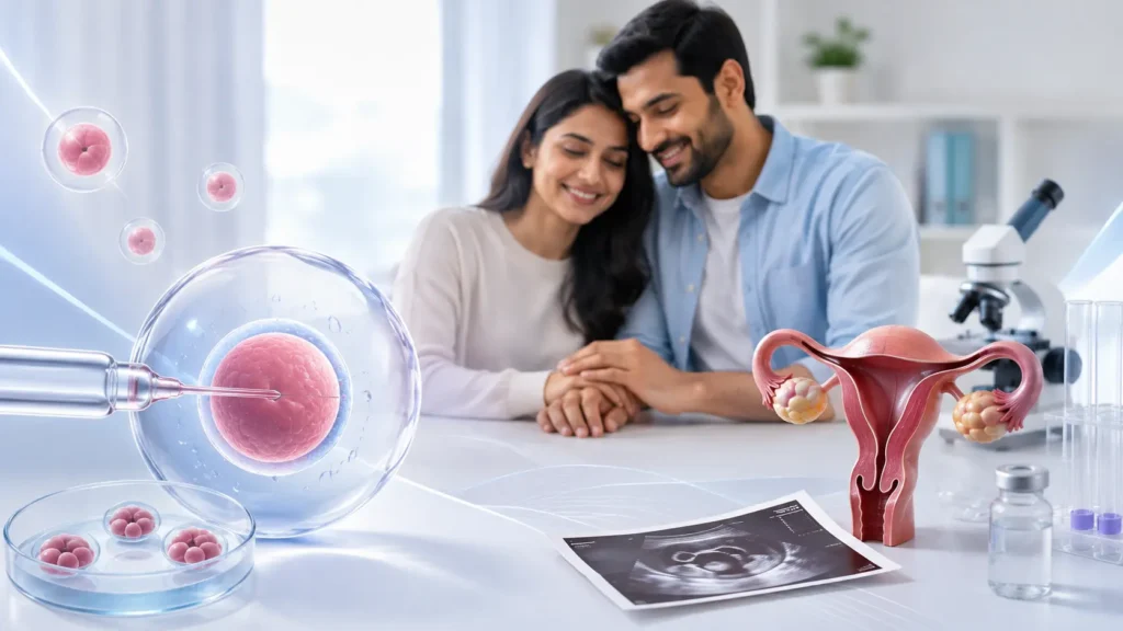 IVF treatment in Lucknow showing an embryology laboratory, ICSI procedure, embryo culture, fertility consultation and diagnostic equipment representing the different factors included in IVF treatment costs at Javitri Hospital.