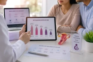 IVF success rate by age and key IVF success factors including ovarian reserve, embryo quality, sperm quality, uterine health and lifestyle, explained during a fertility consultation at Javitri Hospital.