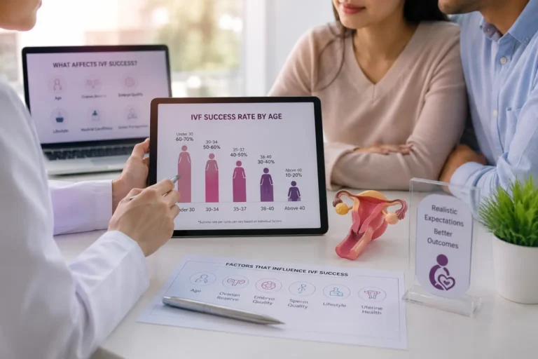 IVF success rate by age and key IVF success factors including ovarian reserve, embryo quality, sperm quality, uterine health and lifestyle, explained during a fertility consultation at Javitri Hospital.