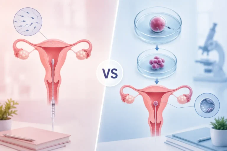 IVF vs IUI comparison showing IUI sperm insemination inside the uterus and IVF laboratory fertilisation followed by embryo development and transfer, illustrating the key differences between fertility treatments at Javitri Hospital.
