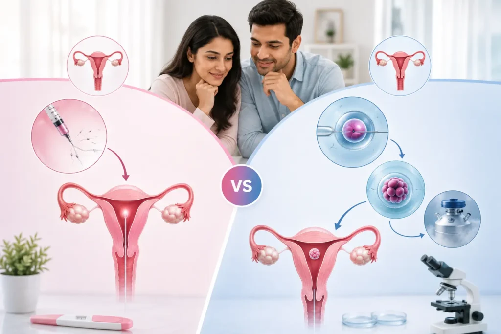 IVF vs IUI comparison showing intrauterine insemination with sperm placement inside the uterus and IVF with laboratory fertilisation, embryo development and embryo transfer, helping couples understand the key differences between fertility treatments at Javitri Hospital.