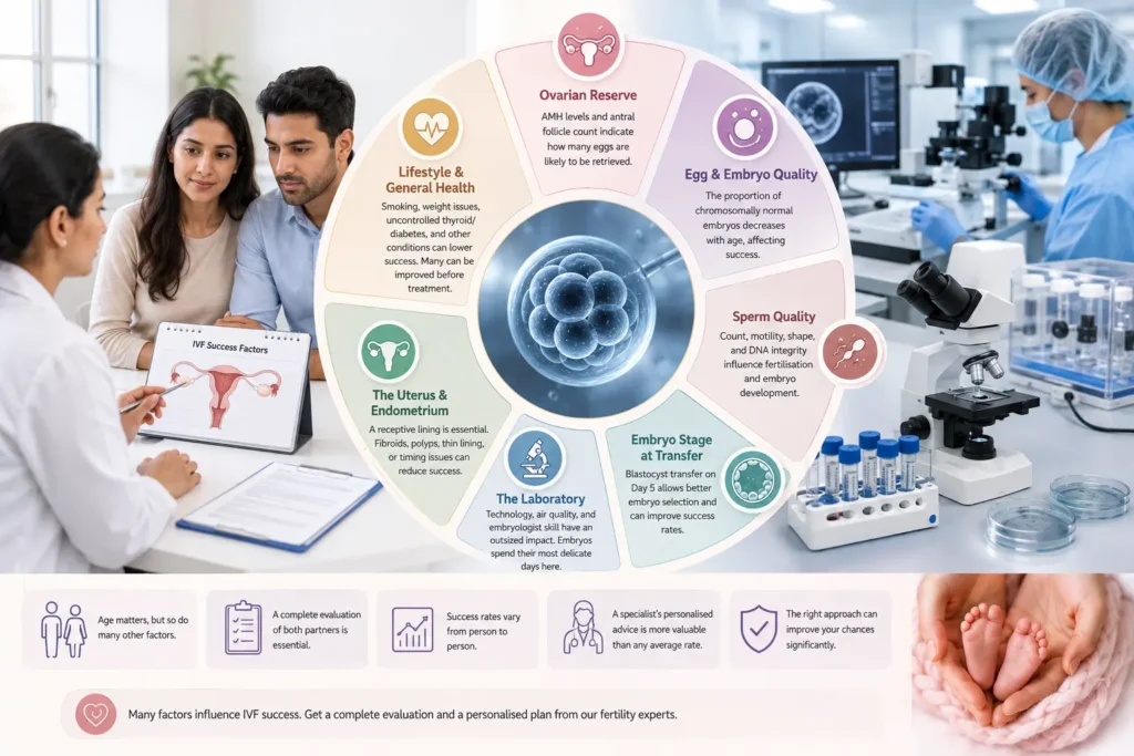 Key IVF success factors beyond age, including ovarian reserve, egg and embryo quality, sperm quality, embryo stage, IVF laboratory conditions, uterine health, endometrial receptivity, and lifestyle factors, explained at Javitri Hospital.