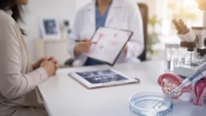 IVF consultation in Lucknow with a fertility specialist reviewing medical history, ultrasound results and fertility treatment options during a patient's first IVF appointment at Javitri Hospital.