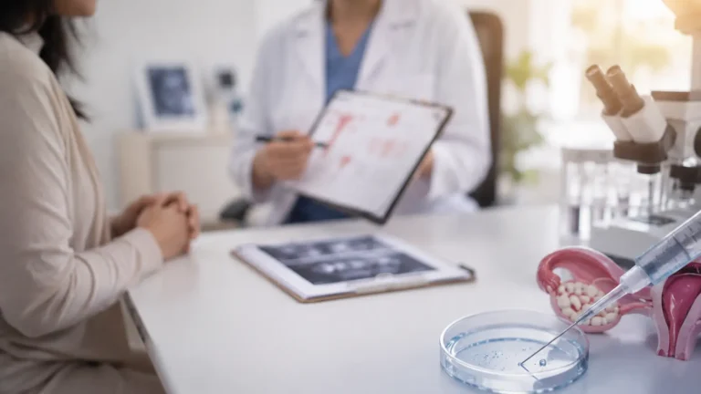 IVF consultation in Lucknow with a fertility specialist reviewing medical history, ultrasound results and fertility treatment options during a patient's first IVF appointment at Javitri Hospital.