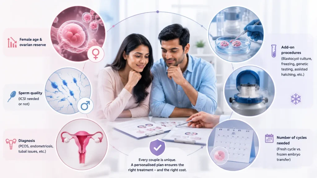 Factors affecting IVF treatment cost in Lucknow including female age and ovarian reserve, sperm quality and ICSI, fertility diagnosis, add-on procedures, embryo freezing and number of IVF cycles at Javitri Hospital.