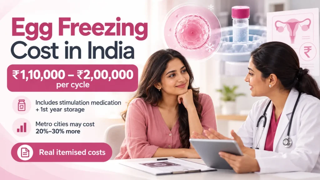 Egg freezing cost in India infographic with IVF fertility consultation and pricing details