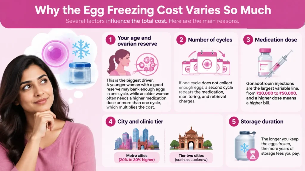 Why egg freezing cost varies in India infographic showing factors like age, medication, cycles, clinic location, and storage fees