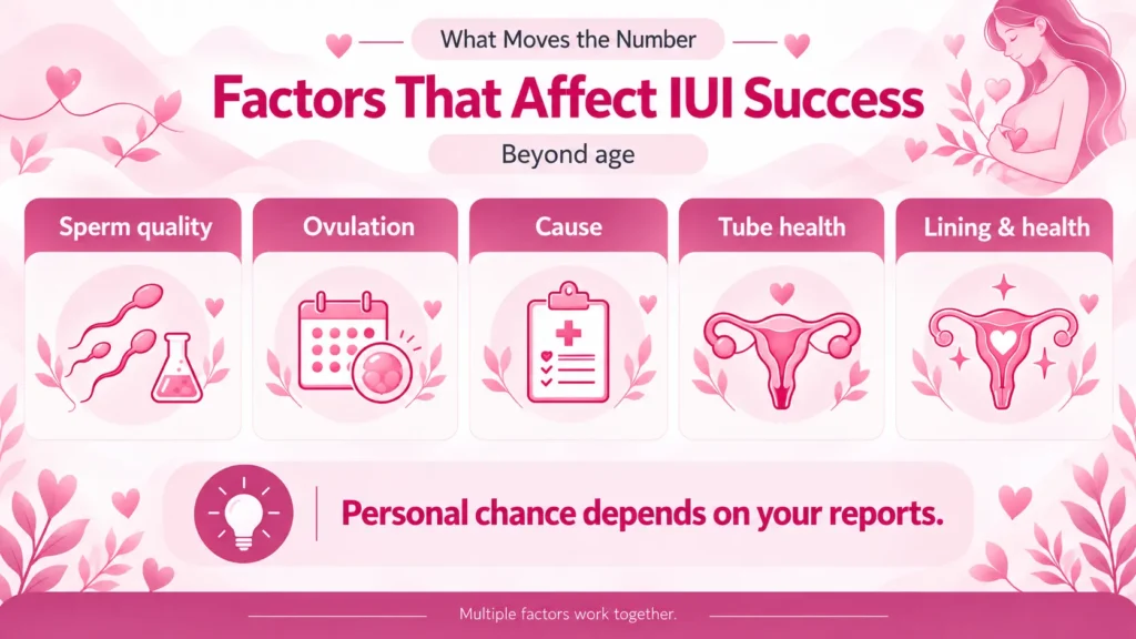 Factors affecting IUI success rate including sperm quality, ovulation, infertility cause, fallopian tube health, and uterine lining.