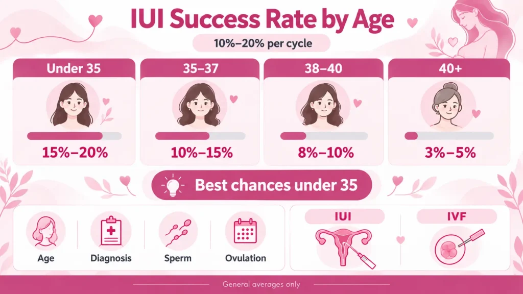 IUI success rate by age infographic showing pregnancy chances per IUI cycle, including 15–20% success rate for women under 35, 10–15% for ages 35–37, 8–10% for ages 38–40, and 3–5% for women over 40, with a comparison of IUI vs IVF fertility treatment and factors affecting intrauterine insemination success.