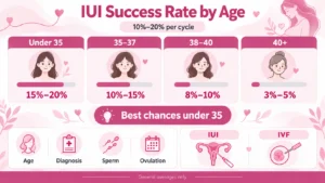 IUI success rate by age infographic showing pregnancy chances per IUI cycle, including 15–20% success rate for women under 35, 10–15% for ages 35–37, 8–10% for ages 38–40, and 3–5% for women over 40, with a comparison of IUI vs IVF fertility treatment and factors affecting intrauterine insemination success.