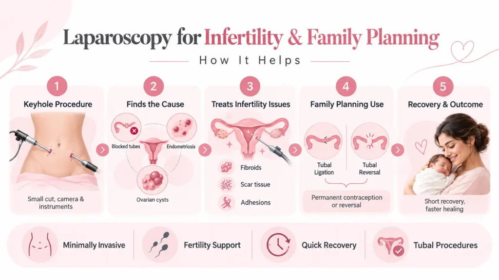 Laparoscopy for infertility and family planning showing keyhole surgery procedure, diagnosis of blocked tubes, endometriosis treatment, tubal procedures, and recovery process