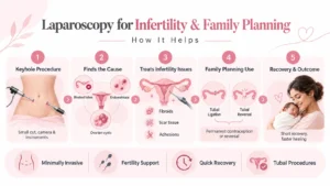 Laparoscopy for infertility and family planning showing keyhole surgery procedure, diagnosis of blocked tubes, endometriosis treatment, tubal procedures, and recovery process