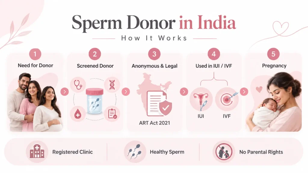 Sperm donation process in India showing screened donor sperm, ART Act 2021 regulations, IUI/IVF use, and pregnancy steps.