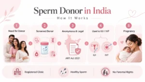 Sperm donation process in India showing screened donor sperm, ART Act 2021 regulations, IUI/IVF use, and pregnancy steps.