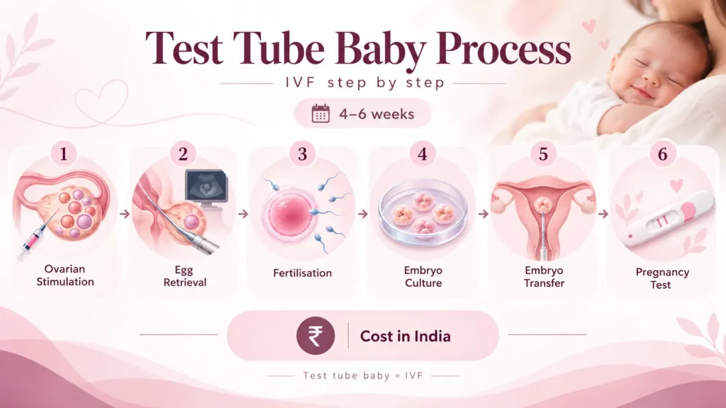 Test tube baby process steps showing IVF procedure from egg retrieval to embryo transfer and pregnancy test in India.