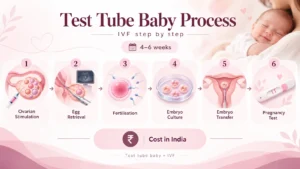 Test tube baby process steps showing IVF procedure from egg retrieval to embryo transfer and pregnancy test in India.