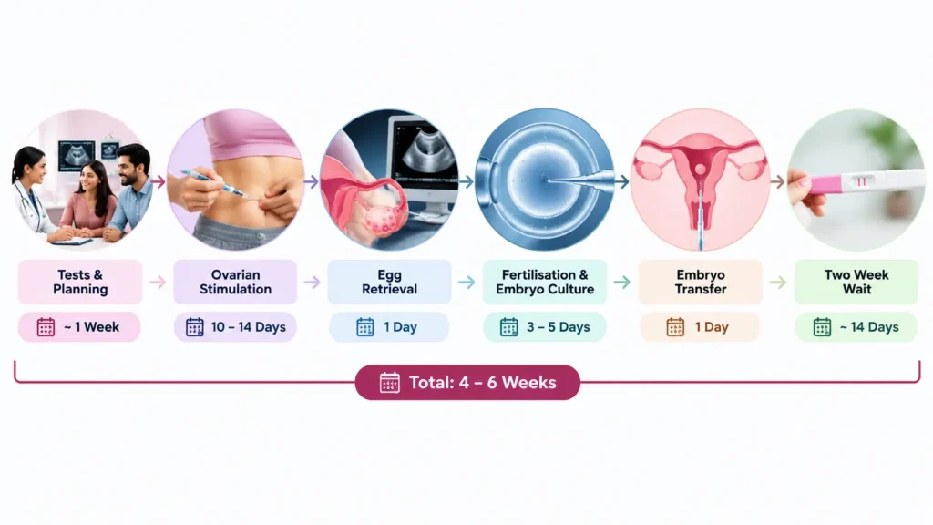 IVF test tube baby process timeline showing treatment steps from planning to pregnancy test in 4–6 weeks.