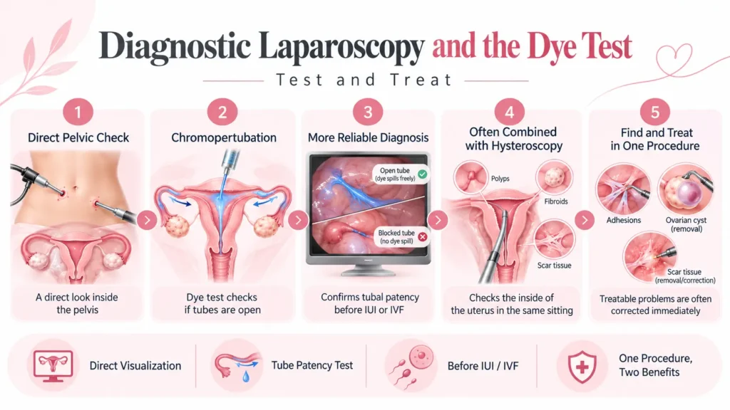 Diagnostic laparoscopy and chromopertubation dye test showing fallopian tube evaluation, blocked tube diagnosis, hysteroscopy, and infertility treatment process
